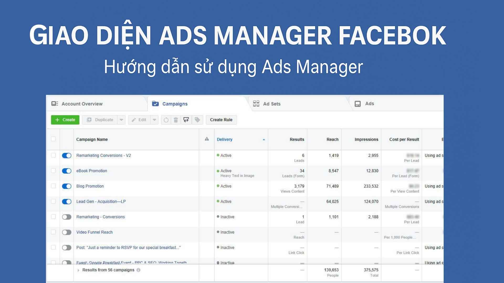 Giao diện Ads Manager Facebook